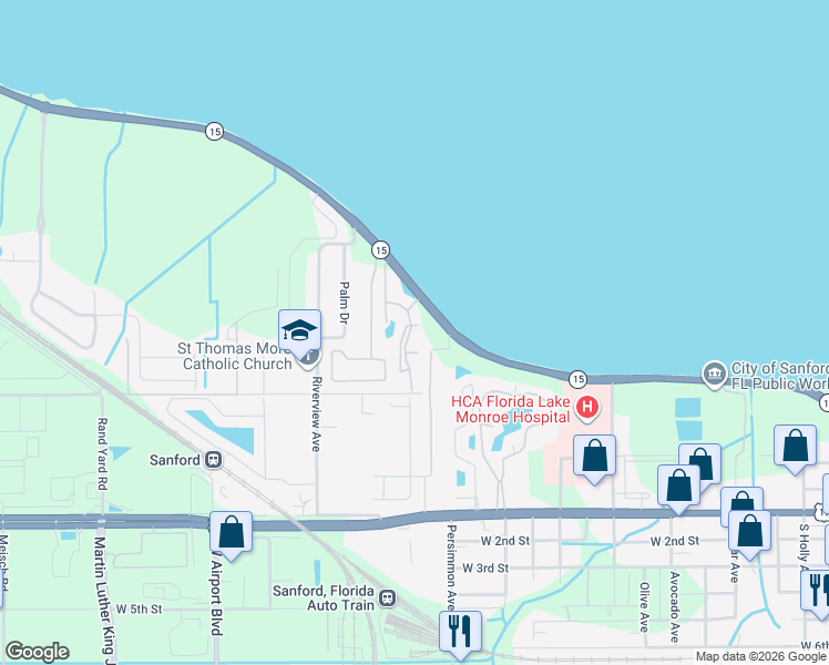 map of restaurants, bars, coffee shops, grocery stores, and more near 308 Rachelle Avenue in Sanford