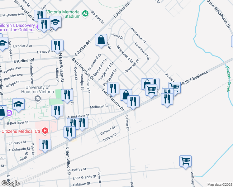 map of restaurants, bars, coffee shops, grocery stores, and more near 212 Sam Houston Drive in Victoria
