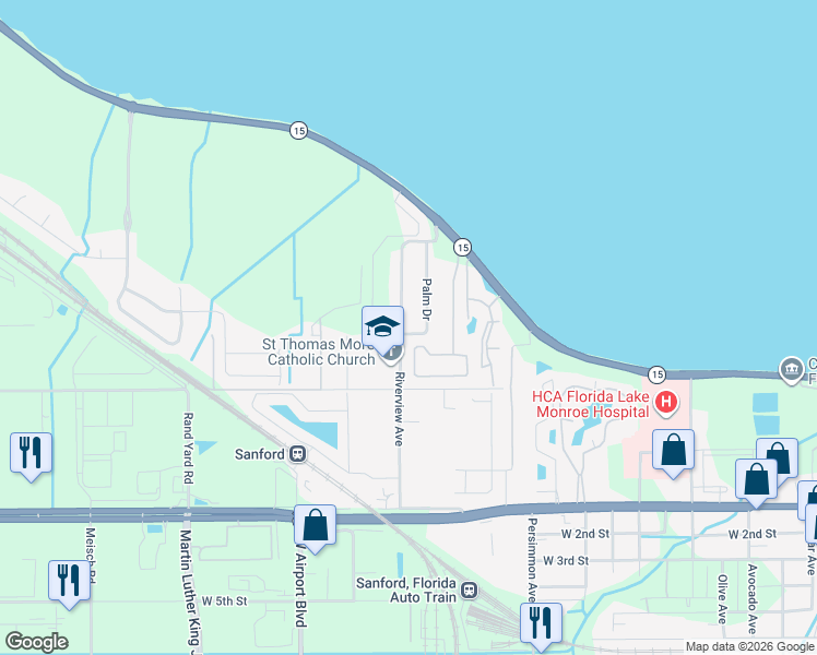 map of restaurants, bars, coffee shops, grocery stores, and more near 461 Riverview Avenue in Sanford