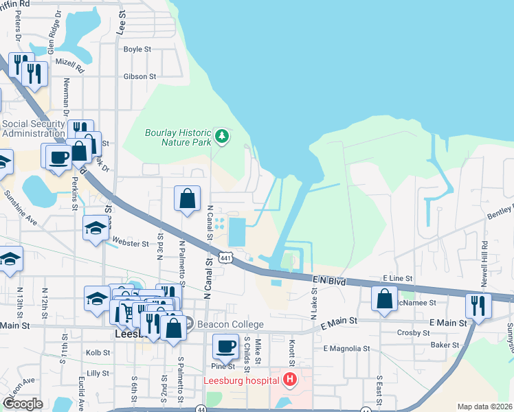map of restaurants, bars, coffee shops, grocery stores, and more near 600-698 Pat Road in Leesburg