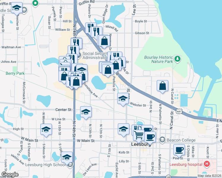 map of restaurants, bars, coffee shops, grocery stores, and more near 705 Perkins Street in Leesburg