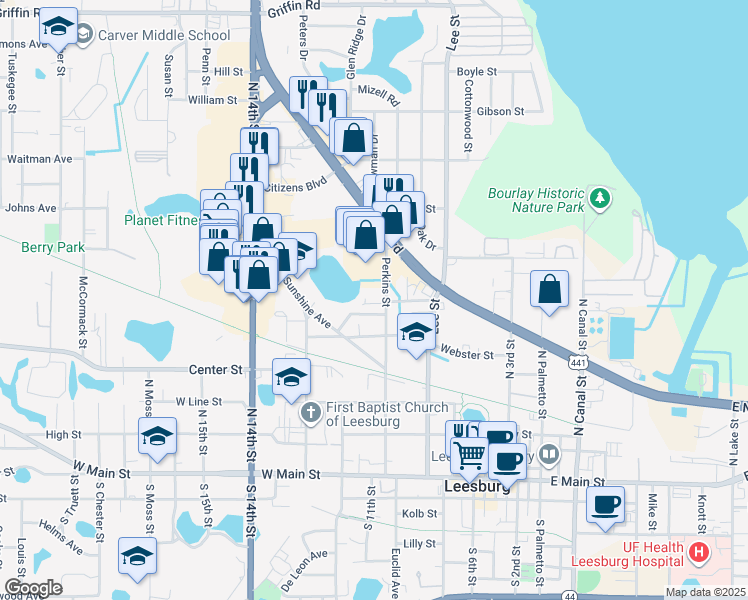 map of restaurants, bars, coffee shops, grocery stores, and more near 705 Perkins Street in Leesburg