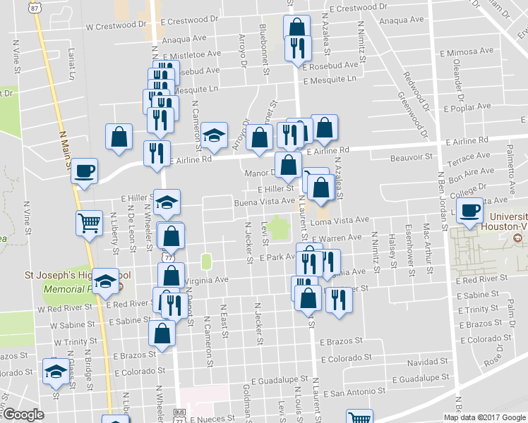 map of restaurants, bars, coffee shops, grocery stores, and more near 2403 Levi Street in Victoria