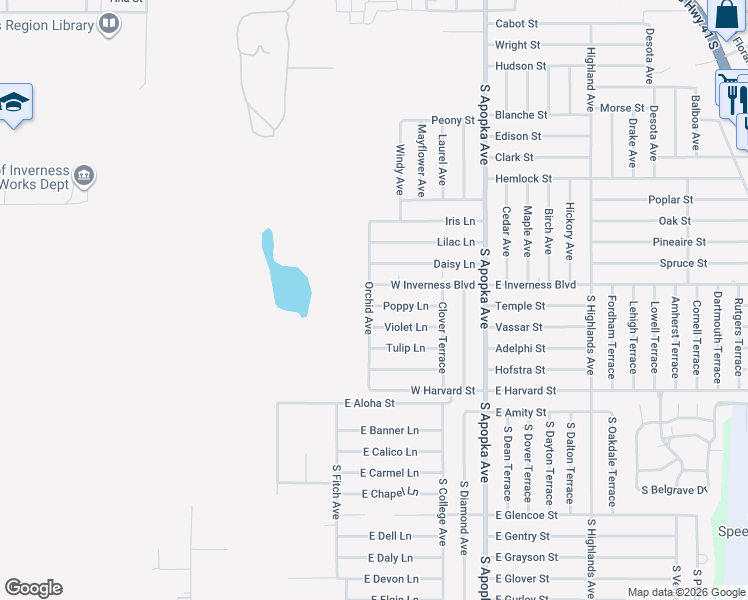 map of restaurants, bars, coffee shops, grocery stores, and more near 414 Poppy Lane in Inverness