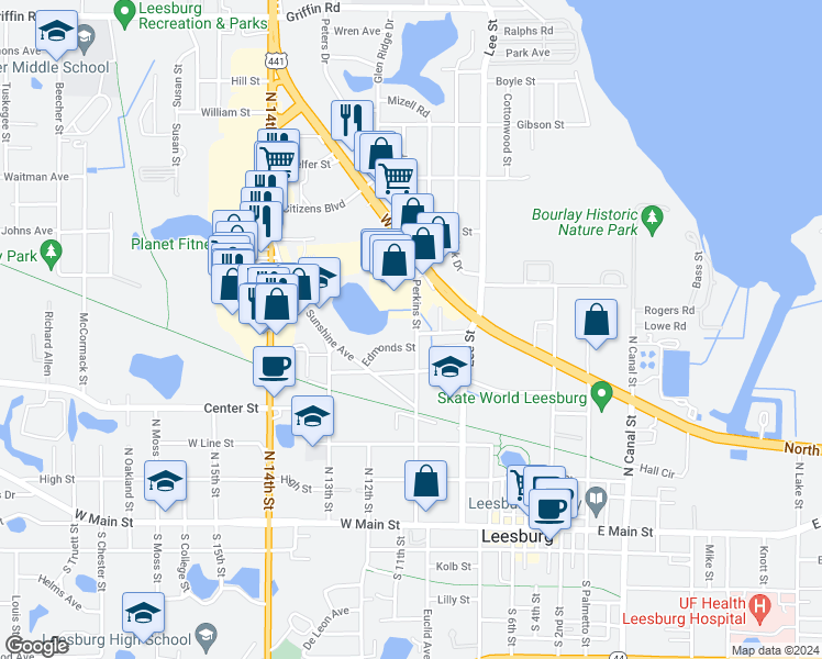map of restaurants, bars, coffee shops, grocery stores, and more near 701 Perkins Street in Leesburg