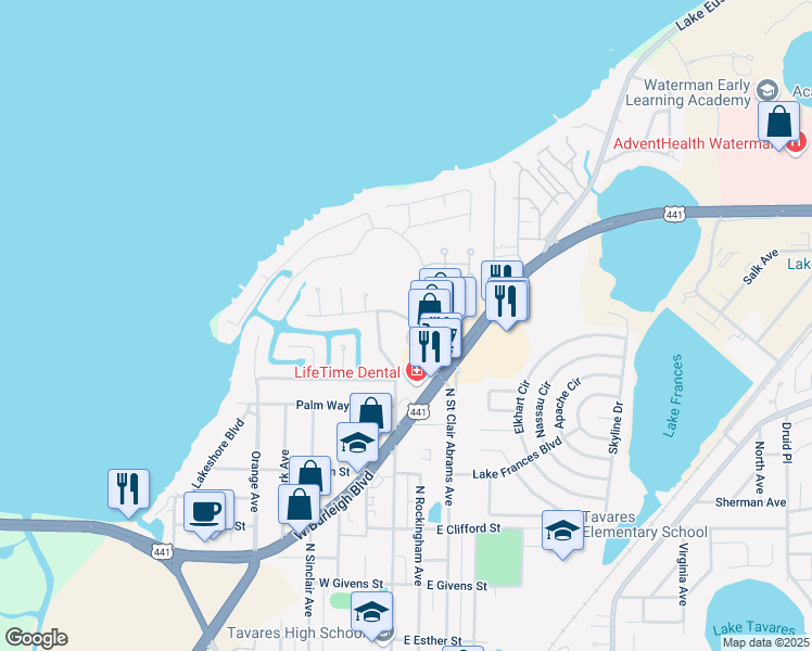 map of restaurants, bars, coffee shops, grocery stores, and more near 113 East Delaware Street in Tavares