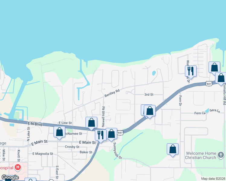 map of restaurants, bars, coffee shops, grocery stores, and more near 841 Oaks Shores Road in Leesburg