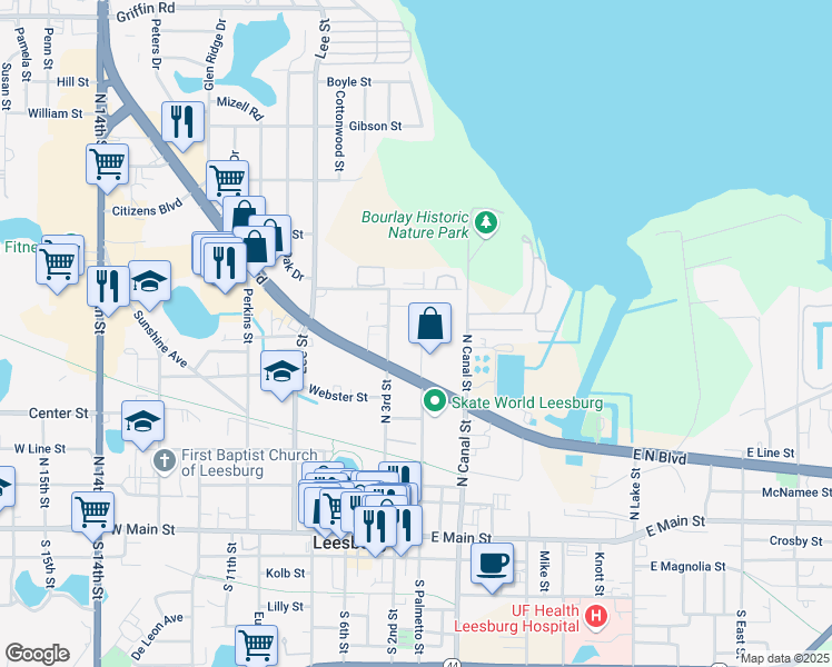 map of restaurants, bars, coffee shops, grocery stores, and more near 701 North Palmetto Street in Leesburg