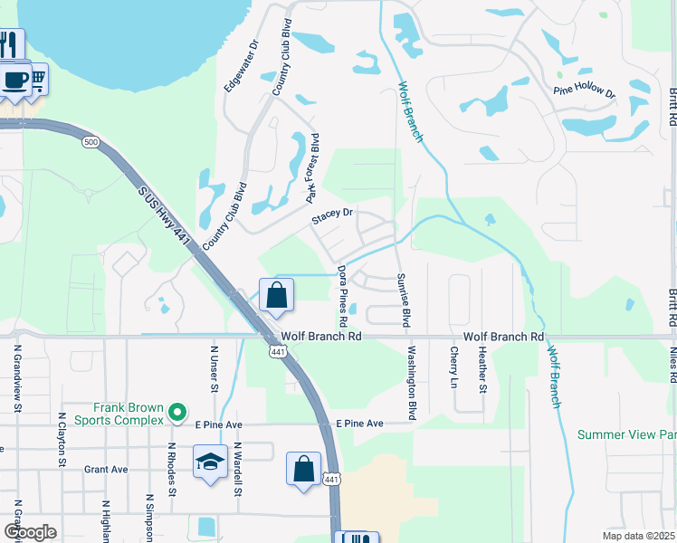 map of restaurants, bars, coffee shops, grocery stores, and more near 2401 Dora Pines Road in Mount Dora