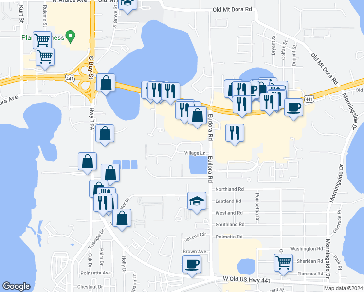 map of restaurants, bars, coffee shops, grocery stores, and more near 3220 Stratford Lane in Mount Dora