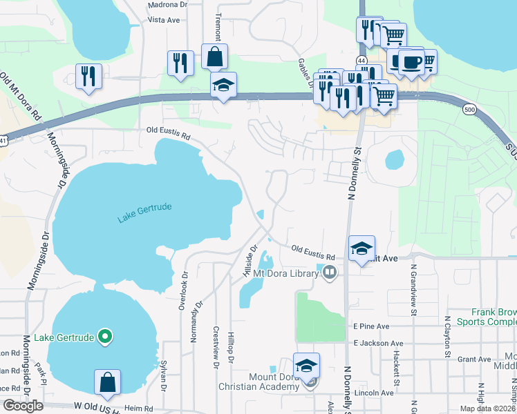 map of restaurants, bars, coffee shops, grocery stores, and more near 600 Old Eustis Road in Mount Dora