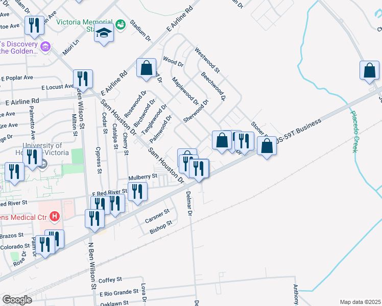 map of restaurants, bars, coffee shops, grocery stores, and more near 117 Sherwood Drive in Victoria