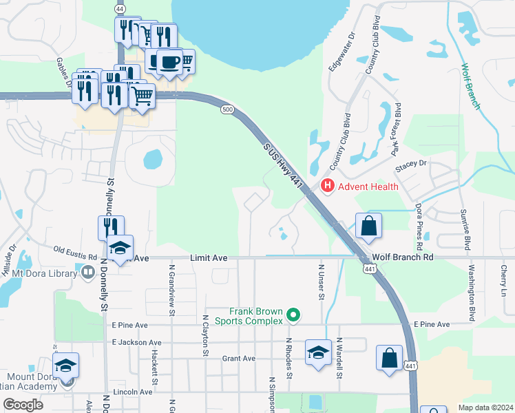 map of restaurants, bars, coffee shops, grocery stores, and more near Bristol Lakes Road in Mount Dora