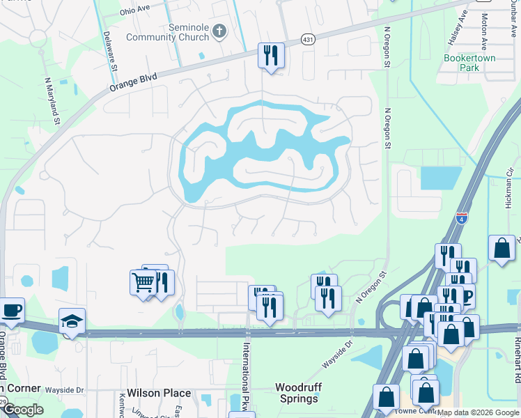 map of restaurants, bars, coffee shops, grocery stores, and more near 711 Ashgrove Terrace in Sanford