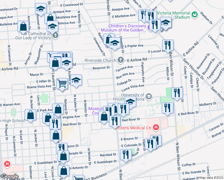map of restaurants, bars, coffee shops, grocery stores, and more near 2008 Loma Vista Avenue in Victoria