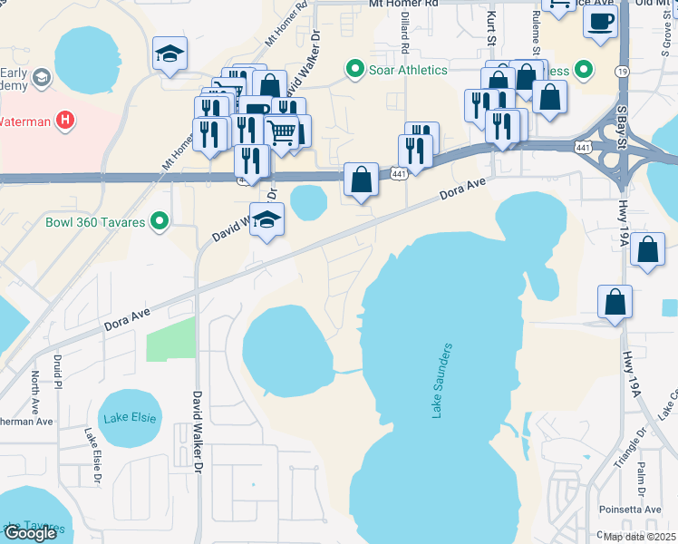 map of restaurants, bars, coffee shops, grocery stores, and more near 2741 Bay Lagoon Way in Tavares