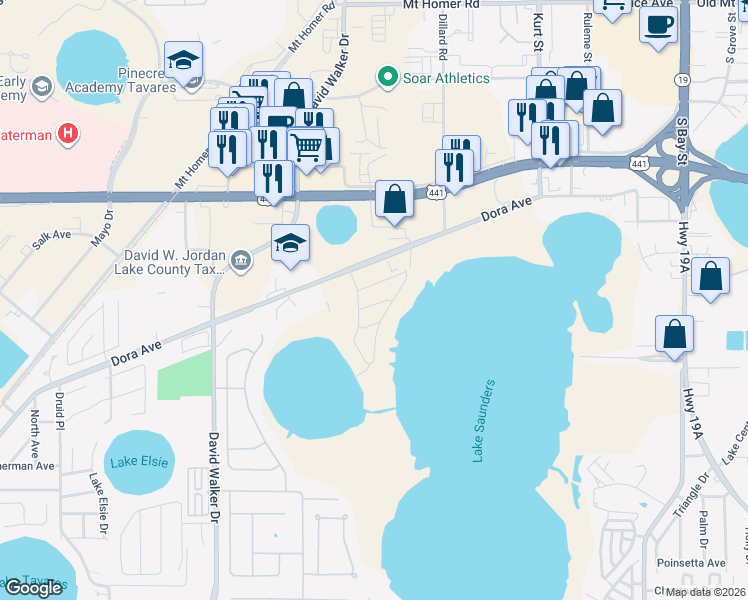 map of restaurants, bars, coffee shops, grocery stores, and more near 2781 Bay Lagoon Way in Tavares