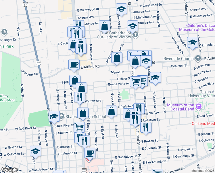 map of restaurants, bars, coffee shops, grocery stores, and more near 2408 North East Street in Victoria