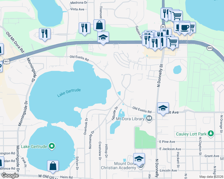 map of restaurants, bars, coffee shops, grocery stores, and more near 600 Old Eustis Road in Mount Dora