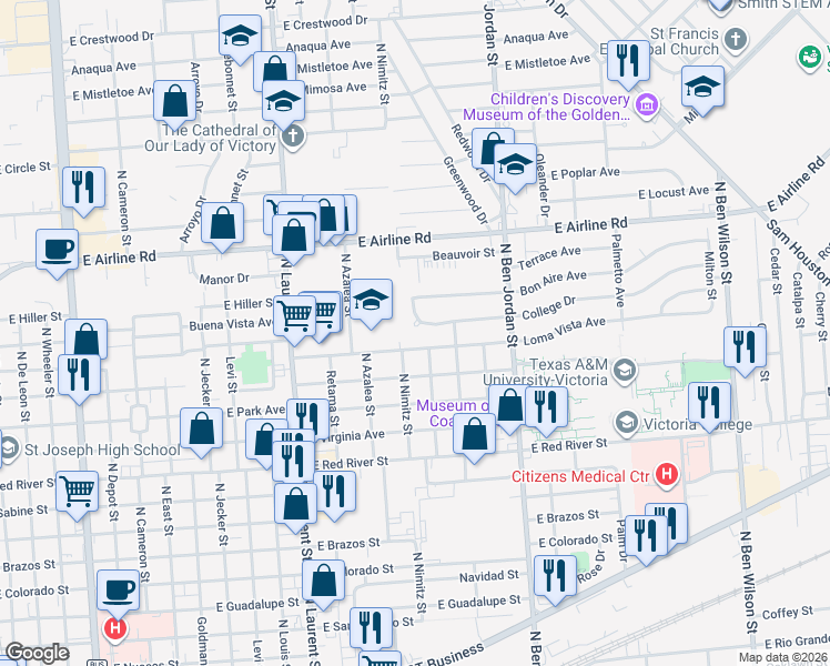 map of restaurants, bars, coffee shops, grocery stores, and more near 1709 College Drive in Victoria