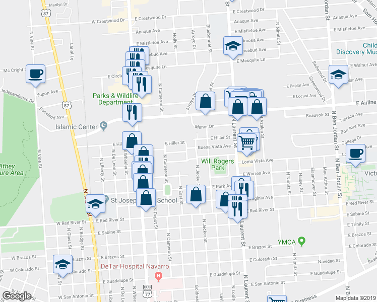 map of restaurants, bars, coffee shops, grocery stores, and more near 2408 North East Street in Victoria