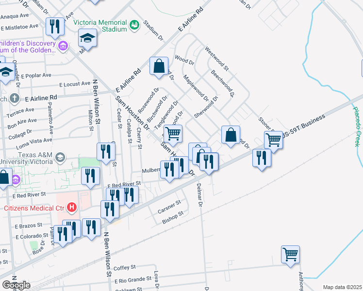 map of restaurants, bars, coffee shops, grocery stores, and more near 212 Sam Houston Drive in Victoria
