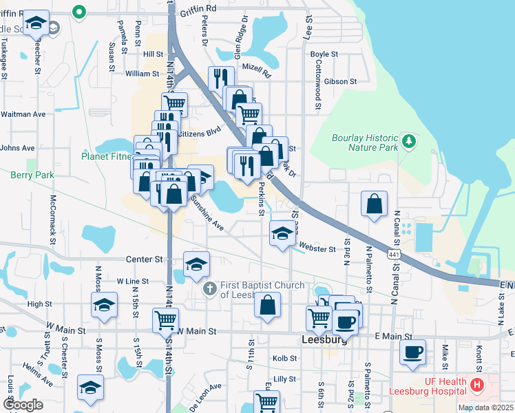 map of restaurants, bars, coffee shops, grocery stores, and more near 701 Perkins Street in Leesburg