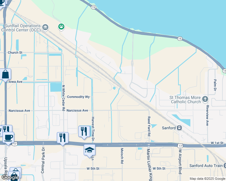map of restaurants, bars, coffee shops, grocery stores, and more near 325 Rand Yard Road in Sanford