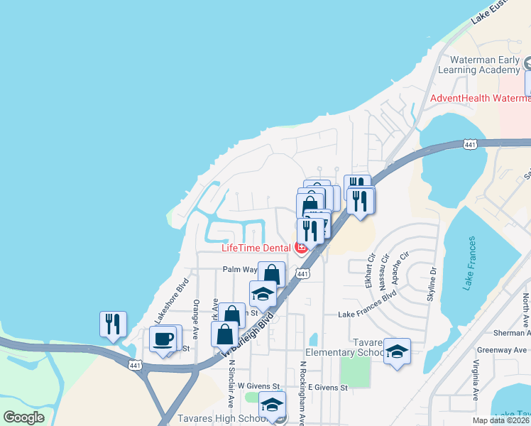 map of restaurants, bars, coffee shops, grocery stores, and more near 205 West Delaware Street in Tavares
