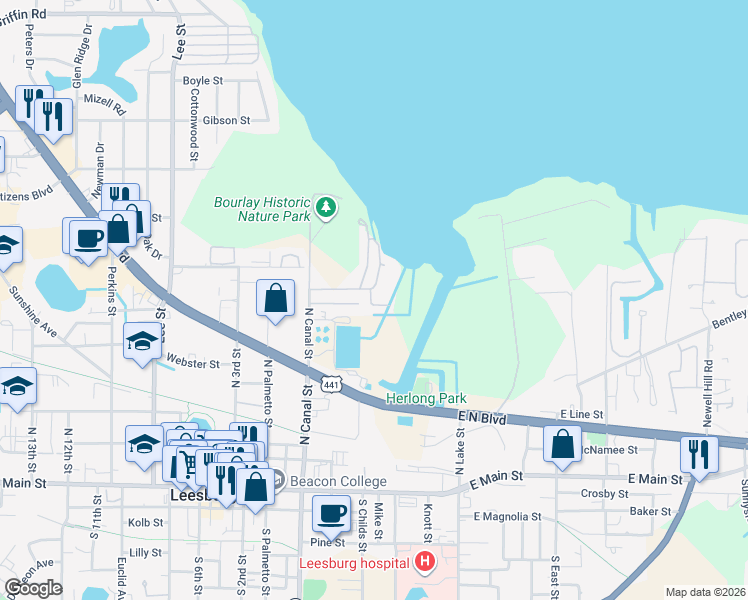 map of restaurants, bars, coffee shops, grocery stores, and more near 600-698 Pat Road in Leesburg