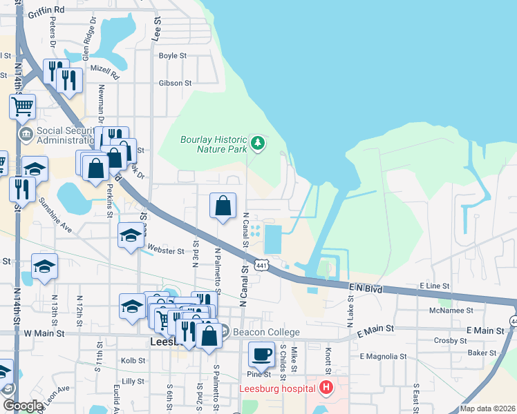 map of restaurants, bars, coffee shops, grocery stores, and more near Lowe Road in Leesburg