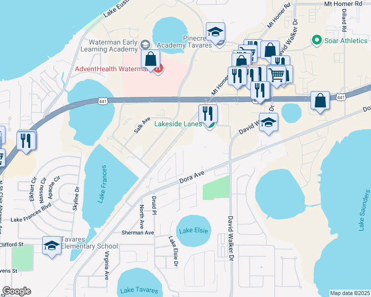 map of restaurants, bars, coffee shops, grocery stores, and more near 1726 Tropical Court in Tavares