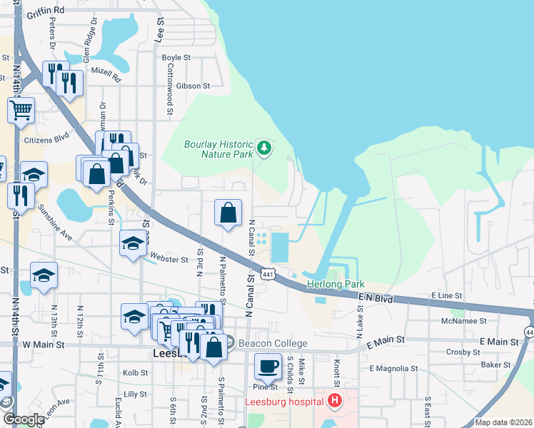 map of restaurants, bars, coffee shops, grocery stores, and more near Lowe Road in Leesburg