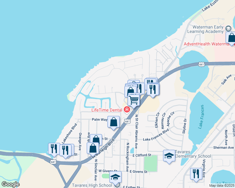 map of restaurants, bars, coffee shops, grocery stores, and more near 113 East Delaware Street in Tavares