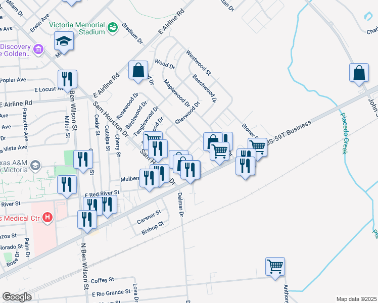 map of restaurants, bars, coffee shops, grocery stores, and more near 117 Sherwood Drive in Victoria