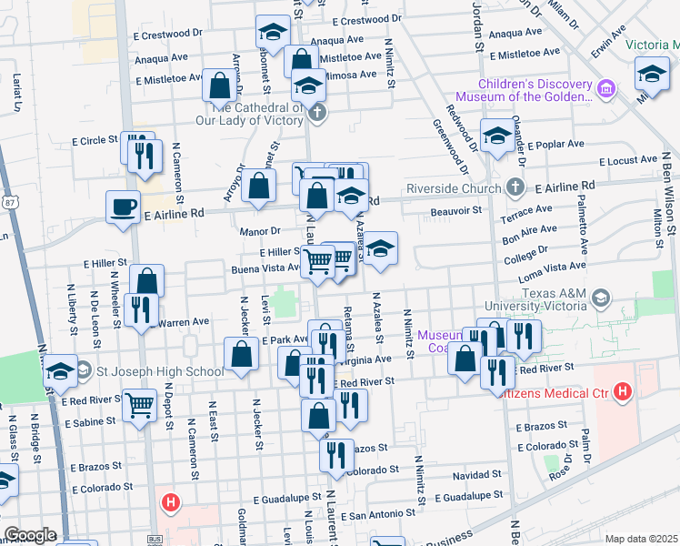 map of restaurants, bars, coffee shops, grocery stores, and more near 2500 North Laurent Street in Victoria