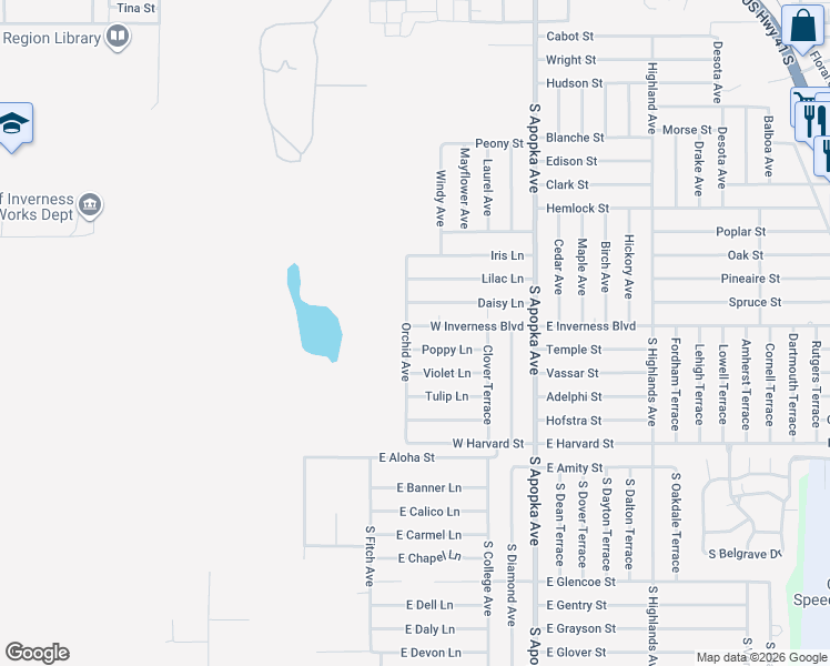map of restaurants, bars, coffee shops, grocery stores, and more near 414 Poppy Lane in Inverness