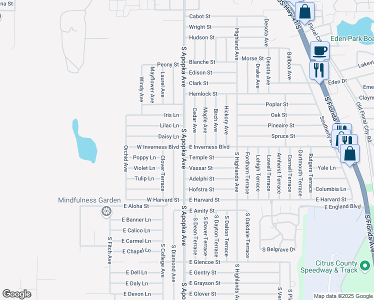 map of restaurants, bars, coffee shops, grocery stores, and more near 101 East Inverness Boulevard in Inverness