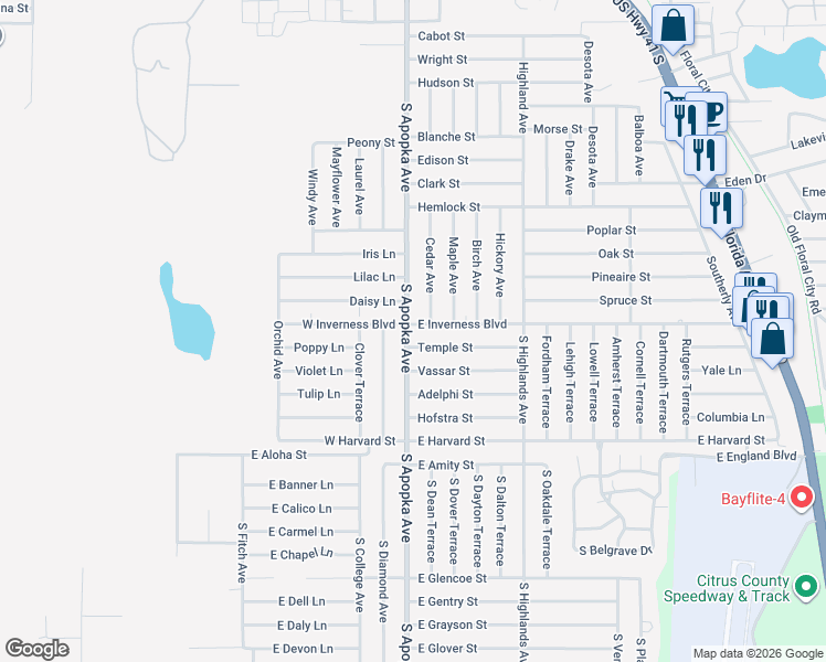map of restaurants, bars, coffee shops, grocery stores, and more near 101 East Inverness Boulevard in Inverness