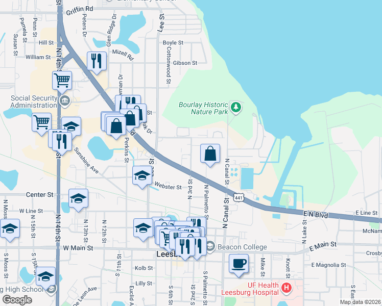 map of restaurants, bars, coffee shops, grocery stores, and more near 728 North 3rd Street in Leesburg