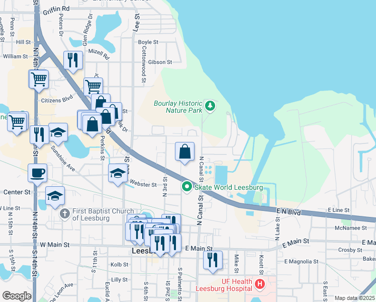 map of restaurants, bars, coffee shops, grocery stores, and more near 700 North Palmetto Street in Leesburg