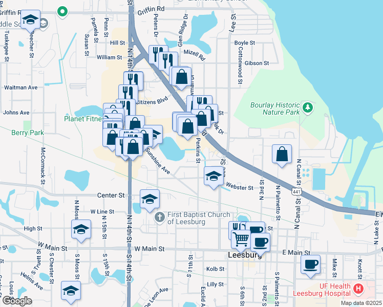 map of restaurants, bars, coffee shops, grocery stores, and more near 701 Perkins Street in Leesburg