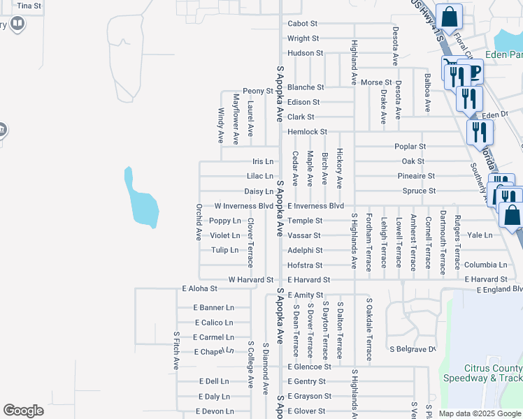 map of restaurants, bars, coffee shops, grocery stores, and more near 1023 Bluebonnet Terrace in Inverness