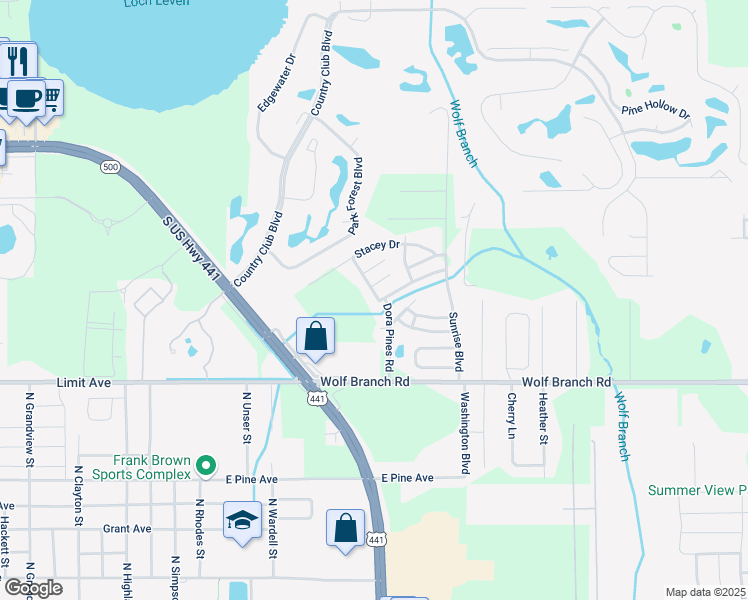 map of restaurants, bars, coffee shops, grocery stores, and more near 2401 Dora Pines Road in Mount Dora