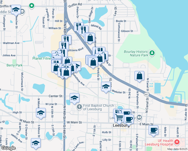 map of restaurants, bars, coffee shops, grocery stores, and more near 701 Perkins Street in Leesburg