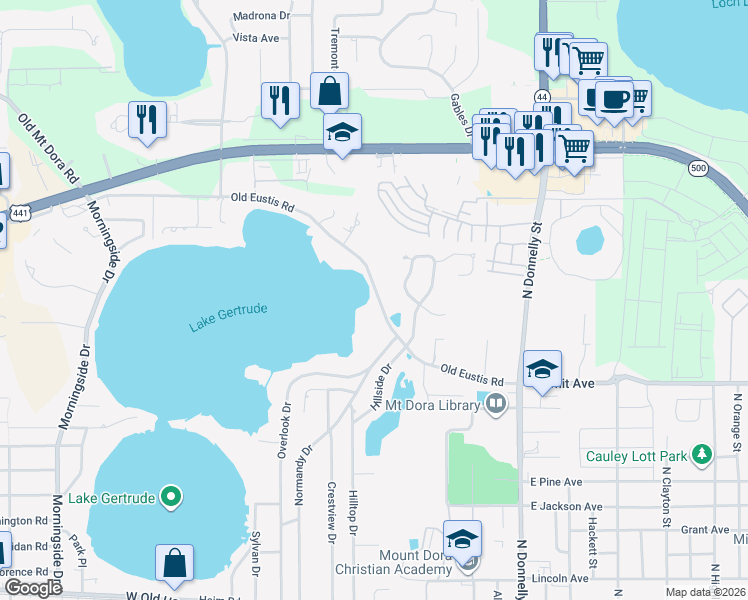 map of restaurants, bars, coffee shops, grocery stores, and more near 600 Old Eustis Road in Mount Dora