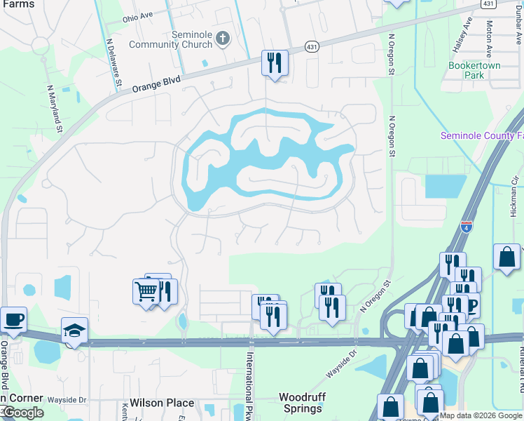 map of restaurants, bars, coffee shops, grocery stores, and more near 5327 Shoreline Circle in Sanford