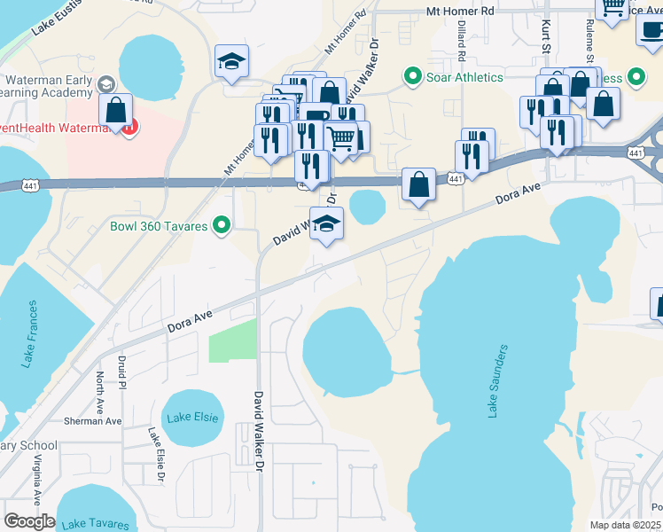 map of restaurants, bars, coffee shops, grocery stores, and more near 2302 Dora Avenue in Tavares