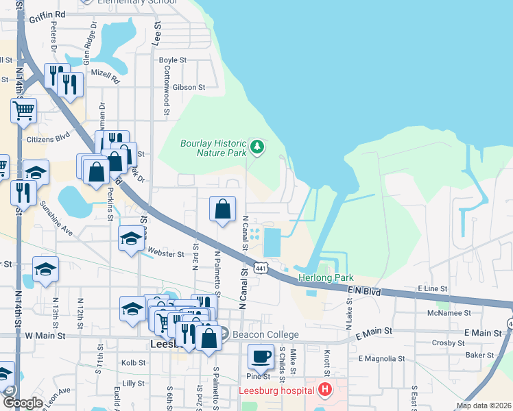 map of restaurants, bars, coffee shops, grocery stores, and more near Lowe Road in Leesburg