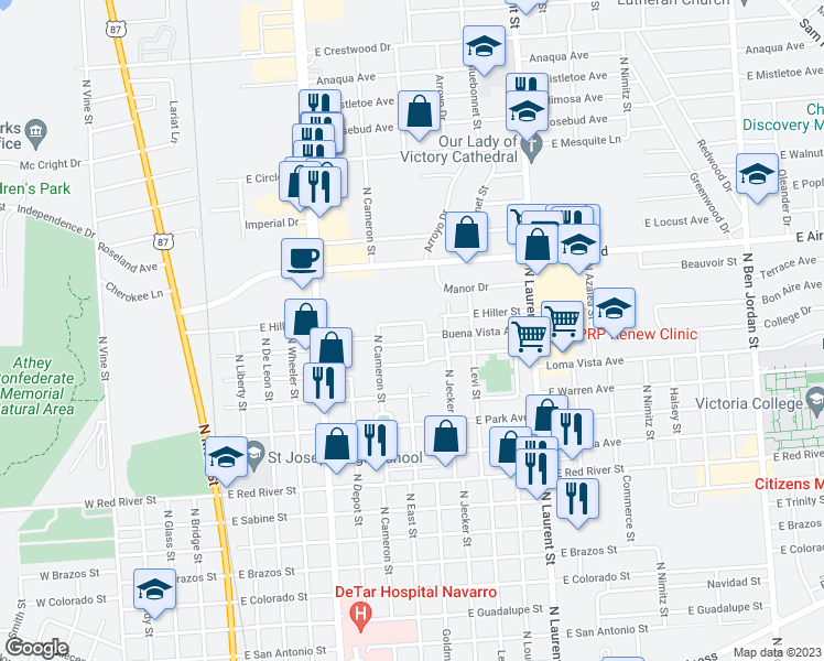 map of restaurants, bars, coffee shops, grocery stores, and more near 805 East Hiller Street in Victoria